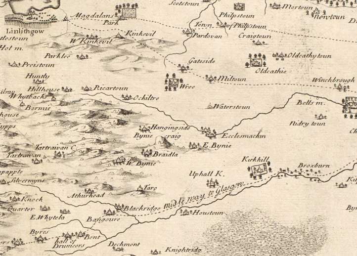 1737 Map of West Lothian - J. Adair.
Reproduced by permission of the Trustees of the National Library of Scotland.